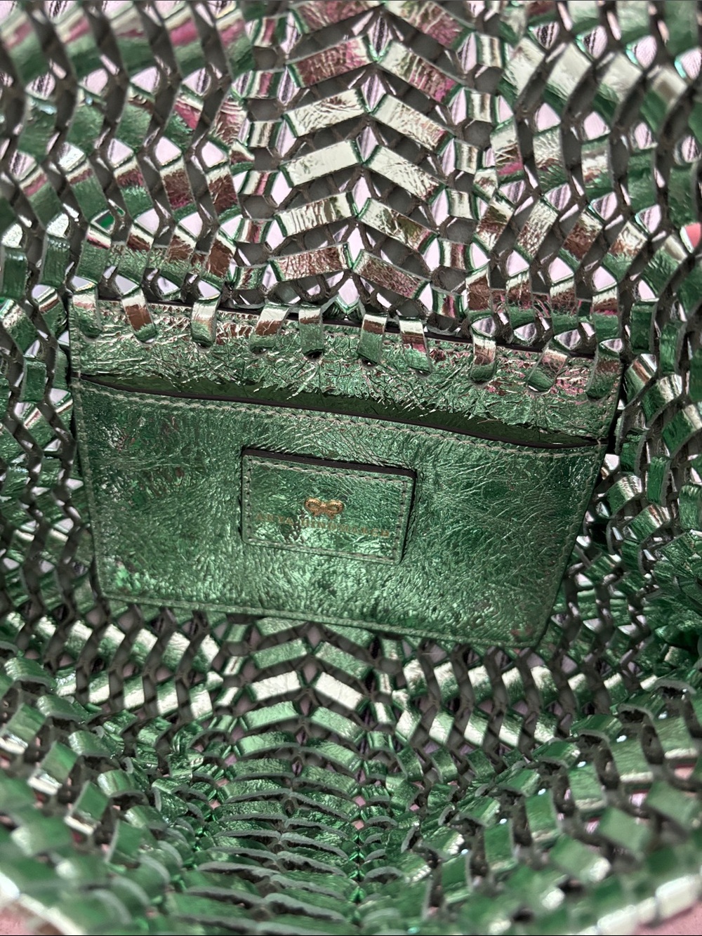 ANYA HINDMARCH Pistachio Green Metallic Neeson Tasseled Clutch Bag - Picture 8 of 10